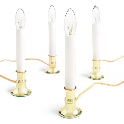 Electric Candle Lamp with Brass Plated Base Set of 4 | Plug in Candlesticks with On Off Switch and 7-Watt Bulb | 9-Inch Colonial Welcome Lights for Windows and Holidays - BNJC4IO4H