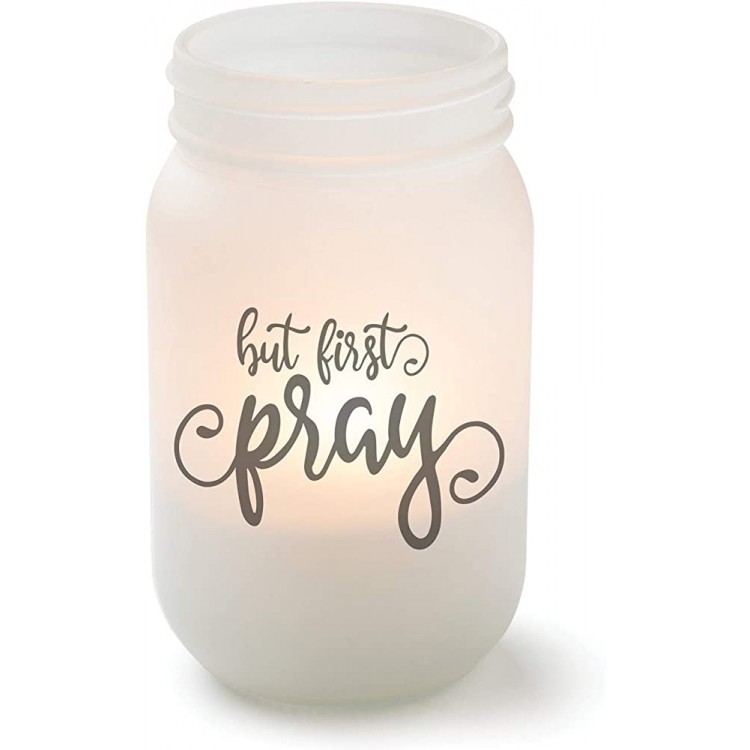 But First Pray Frosted Glass Mason Jar Votive Candle Holder 10.25 oz 3x5 - B2HJXVCJP