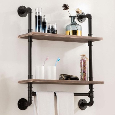 Industrial Pipe Shelving,Iron Pipe Shelves Industrial Bathroom Shelves with Towel bar,24 in Rustic Metal Pipe Floating Shelves Pipe Wall Shelf,2 Tier Industrial Shelf Wall Mounted with Hook ROGMARS - BWBNRGC74