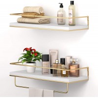 SHARIO White Floating Shelves Set of 2 Wall Mounted Hanging Shelves with Golden Towel Rack Decorative Storage Shelves for Bathroom Kitchen Living Room & Bedroom White - B2ZS0UHYY