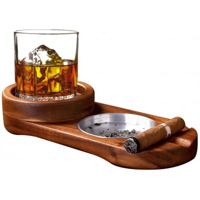 Cigar Ashtray Coaster Whiskey Glass Tray and Cigar Holder Wooden Ash Tray Slot to Hold Cigar Cigar Rest Cigar Accessory Set Gift for Men Dad Great Decor for Home,Office or Bar - B3HYHE4JW
