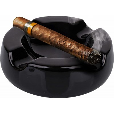 Cigar Ashtray Outdoor Cigarette Ash Tray – Round 5.9 inch Ceramic Ashtrays Black Glossy Cigar Rest for Indoor Outdoor Patio Home Office Use – Cigar Accessories Gift Set for Men and Women - BZE79YOSL