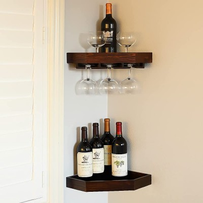 WELLAND Rustic Wood Corner Floating Shelves Wall Mount Corner Wine Rack -2 Pack with 6 Glass Slot Holder - BNI6R15EX