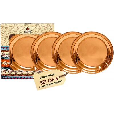 Craftsman SATVIK Set of 6 Pieces Pure Copper Pujan Prasad Bhog Thali Mandir Temple Indian Hindu Rituals Diwali Festive Kahnaji Bhog Puja Plate - BFQV5A0N1