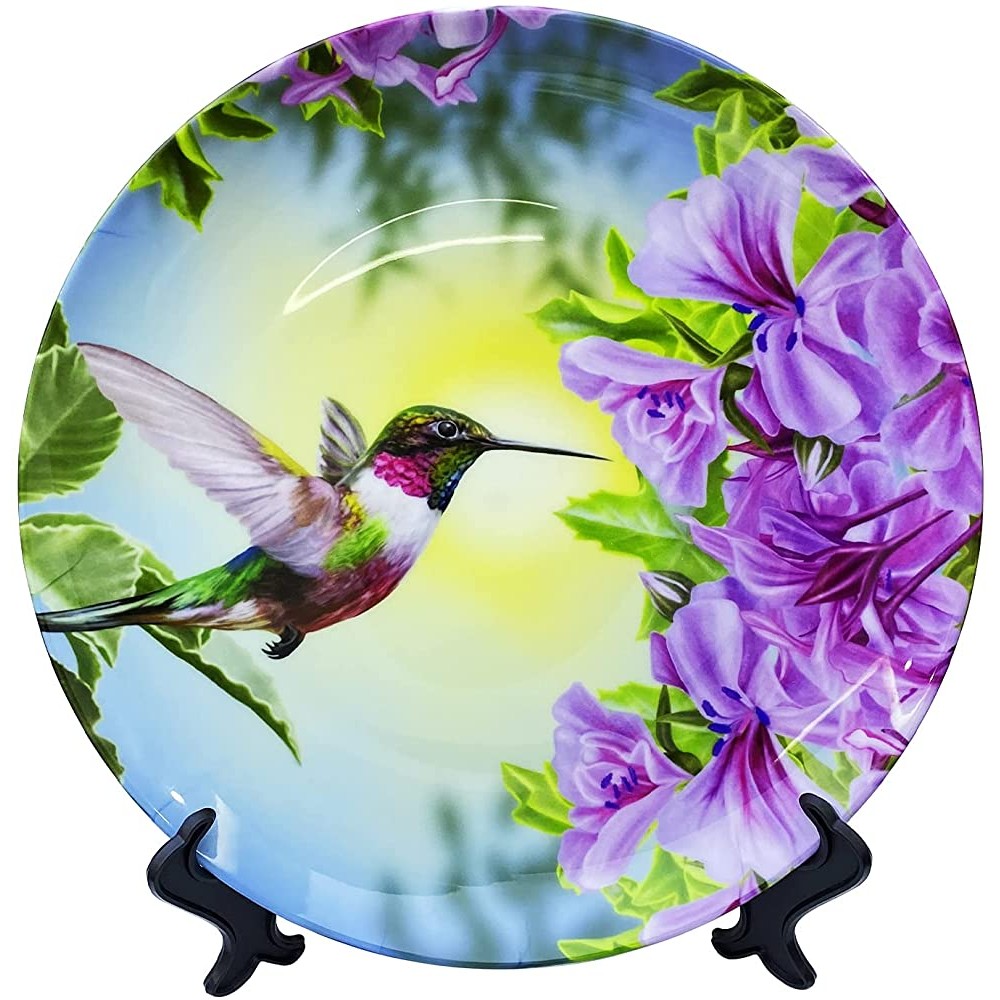 GJIANBING Small Bird Hummingbird On Pink Decorative Plate Decorative Ceramic Plates Home Wobble-Plate with Display Stand Decoration Household Plates Decorative - BY5BR9JUQ