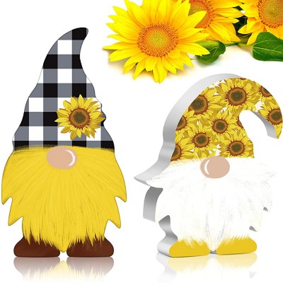 Jetec 2 Pieces Sunflower Gnome Wooden Sign Summer Fall Thankful Buffalo Plaid Sunflower Farmhouse Tiered Tray Elf Gnome Decor Kitchen Party Birthday Table Decorations for Office Home Decoration - BQTCCKDPO