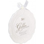 Malden International Designs Glazed Ceramic 50th Anniversary Plate With Gold Accents And Ribbon For Hanging 9x9 White - BWDTDAP9K