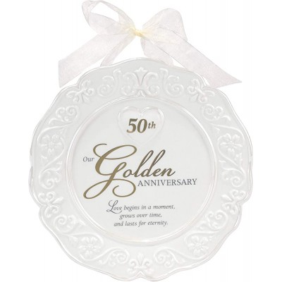Malden International Designs Glazed Ceramic 50th Anniversary Plate With Gold Accents And Ribbon For Hanging 9x9 White - BWDTDAP9K
