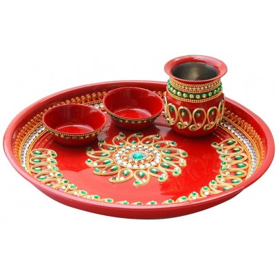 Pooja Thali with Kalash Plate Platter Engagement Plate Decorative Steel Puja Thali with Essential Pooja Articles for Aarti Pooja Rituals Festival Wedding Decorations Size- 9" - B208YI84J