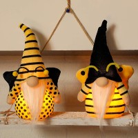 GMOEGEFT Sweet Honey Bee Gnome Lights Scandinavian Bumble Bee Gnome Elf Swedish Tomte Nisse with Stripe and Dot Pattern Spring Summer Home Decoration Set of 2 Yellow & Black - BPHQCWXF8