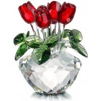 Red Rose Figurine Ornament Spring Bouquet Crystal Glass Flowers Gift-Boxed - BT73A5GLR