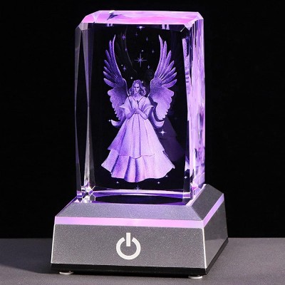 YWHL 3D Crystal Guardian Angel Figurine with Colorful Light Base Laser Engraved Glass Angel Gifts Collectible Figurines - BZJ74TCCG