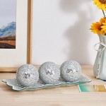 12.4” Mosaic Glass Decorative Tray Dish Plate with 3pcs 3 Decorative Orbs Balls Sphere Decor for Living Room or Dining Table Coffee Table Mantle Decor Centerpiece Silver - BXAK2GKAM