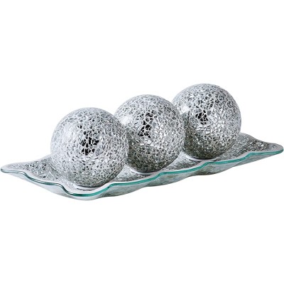 12.4” Mosaic Glass Decorative Tray Dish Plate with 3pcs 3" Decorative Orbs Balls Sphere Decor for Living Room or Dining Table Coffee Table Mantle Decor Centerpiece Silver - BXAK2GKAM