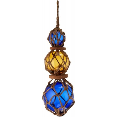 Hampton Nautical 3xglass-101 Amber-Blue Japanese Ball Fishing Floats with Brown Netting Decoration 11"-Glass Buoy - B8QSH8YKX