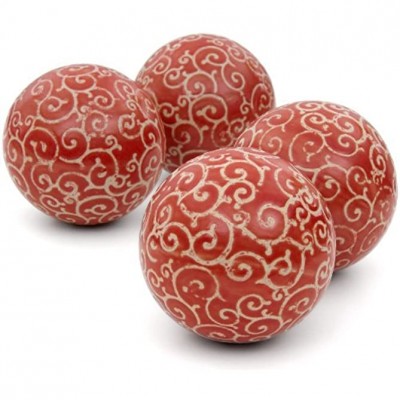 Oriental Furniture 4" Red and Beige Vines Porcelain Ball Set - BJXPG863Q