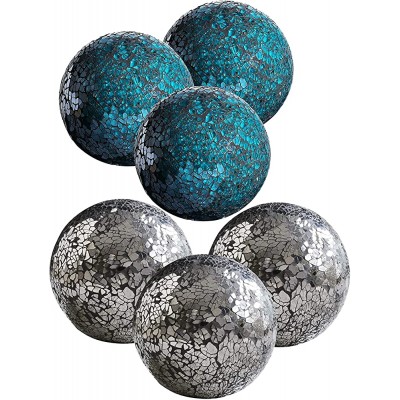 WHOLE HOUSEWARES | Decorative Balls | Set of 3 Glass Mosaic Orbs for Bowls | 4" Diameter | Table Centerpiece | Coffee Table and House Decor Turquoise and Mirror-Black - BPL9H7X96
