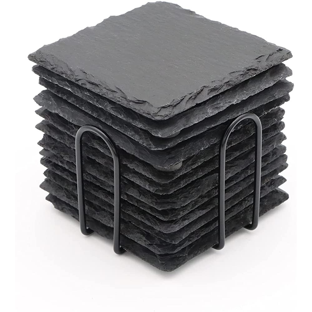 12 PCS Square Slate Drink Coasters Set SIJDIEE 4 Inch Black Slate Stone Coasters with Anti-Scratch Bottom and Coaster Holder for Office Bar Kitchen Home Dinner Table Decor Supplies - B4G2SHBKN
