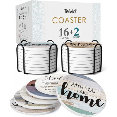 Absorbent Stone Coasters for Drinks by Teivio Cork Base with 2 Holders Cute & Funny Coaster Set for Housewarming Apartment Kitchen Room Bar Decor Set of 16 Rustic - B3POMYBYG
