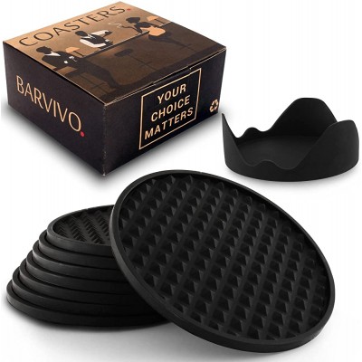 Barvivo Drink Coasters Set of 8  w Holder Tabletop Protection for Any Table Type Wood Granite Glass Soapstone Sandstone Stone Tables Perfect Soft Coaster Fits Any Size of Drinking Glasses - B57O1009D
