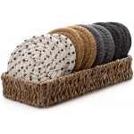 Boho Drink Coasters with Seagrass Basket Holder for Storage | Set of 8 Handmade Braided Cotton 4.3 Inch Extra Absorbent Coasters in Boho Decor Neutral Colors | 100% Natural Eco Friendly Coaster Set - B25ESFKPL