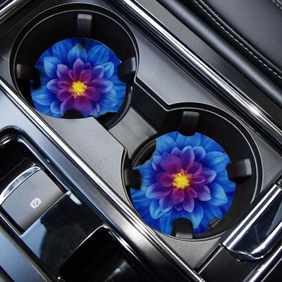 Car Cup Coasters for Drinks Absorbent Cute Car Coasters for Women & Men Cup Holder Coasters for Your Car with Fingertip Grip Auto Accessories for Women & Men,Pack of 2 Bule Flower - BLH0Y1KYK