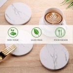 Coaster Sets of 6 Pieces Absorbent Ceramic Stone Marble Pattern Coasters with Cork Base White Coasters for Drinks with Metal Holder Stand Decorations for Living Room and Coffee Table Decor - BDZ1EJIN5