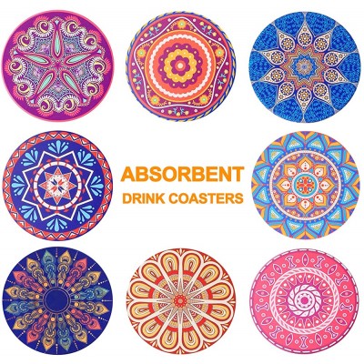 Coasters for Drinks Absorbent Drink Coasters with Holder Ceramic Coasters for Drinks Cups Bar Table Coasters Round Stone Cork Base Mandala Style 8 Pack - BZ3LF185N