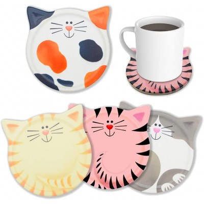 Funny Coasters for Drinks Absorbent Cat Shaped Ceramic Coasters Set of 4 Unique Gift Ideas for Cat Lovers Bar Dining Table Decor Housewarming Birthday Gift 4.25'' - BIPSTTD8Y