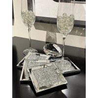 Glass Coasters for Drinks Set of 4 Diamond Decor Silver Crystal Coaster Mirrored Elegant Fancy Glam for Home Kitchen Table Bar Accessories Square 4" x 4" - BSNRA74OQ