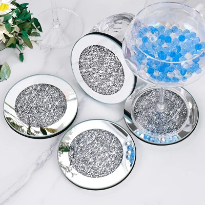 Glass Mirrored Coasters for Drinks Crushed Diamond Coasters Set of 4 Decorative Wine Coasters Mirror Coasters Heat Resistant Table Decor Coasters for Bar Kitchen Restaurant Silver Round 4 inches - BAYQSIIDW