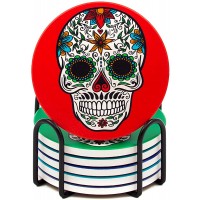 Jil-eNova 6pcs Sugar Skull Coaster Set with Metal Holder Dia de Los Muertos Decor Day of The Dead Coaster Cool Coaster for Drinks Coster Set Absorbing Stone That Prevent Furniture Damage - BG9XADL6A