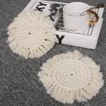 Lahome Handmade Macrame Coasters Round Drinks Cotton Boho Woven Coaster Set with Tassel for Kinds of Mugs and Cups Cream Set of 2 - BGRANW2LZ