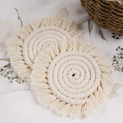 Lahome Handmade Macrame Coasters Round Drinks Cotton Boho Woven Coaster Set with Tassel for Kinds of Mugs and Cups Cream Set of 2 - BGRANW2LZ