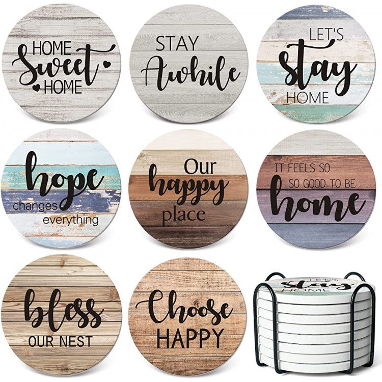 RayPard Absorbent Coasters Stone Coaster Set of 8 Cork Base with Holder Wood Look Farmhouse Country Life Outdoor for Housewarming Apartment Kitchen Room Bar Décor Rustic Style Black Holder - B5INQ130G