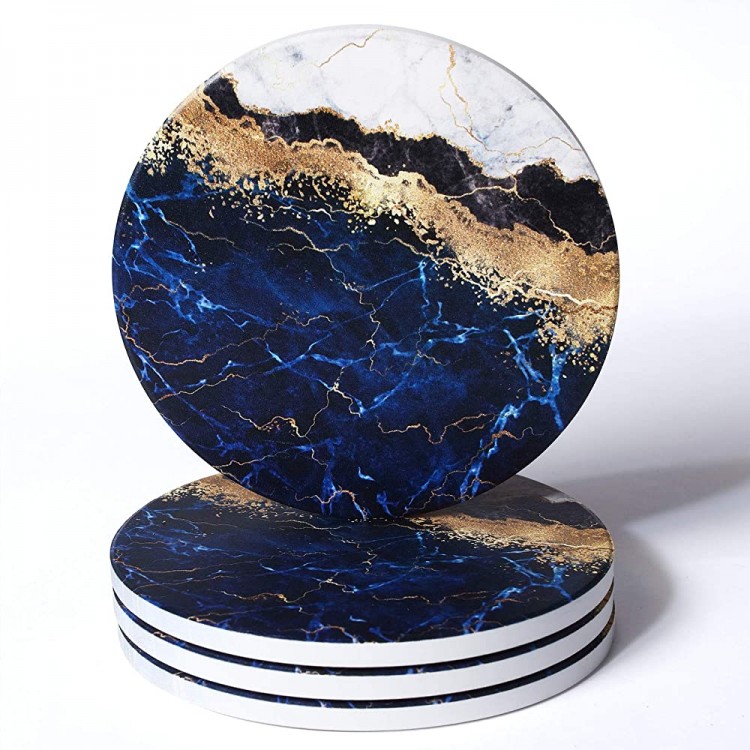 RoomTalks Blue and Gold Marble Coasters for Drinks Absorbent 4PCS Modern Abstract Ceramic Coaster Set Cork Back Glitter Stone Coasters for Wooden Coffee Table Navy 4 Pieces - BKMGKZ4AN