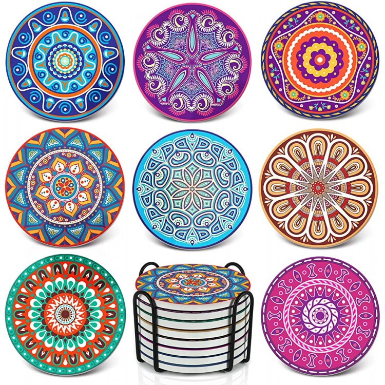 Teivio Absorbing Stone Mandala Ceramic Coasters for Drinks Cork Base with Holder for Friends Funny Birthday Housewarming Apartment Kitchen Bar Decor Suitable for Wooden Table Coffee Table Set of 8 - B3ZP1KX3A