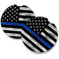 Thin Blue Line | Car Coasters for drinks Set of 2 | Perfect Car Accessories with absorbent coasters. Car Coaster measures 2.56 inches with rubber backing. - BQEYKX08T