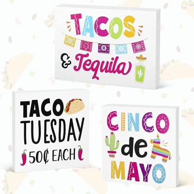 Cinco de Mayo Decorations Fiesta Party Tired Tray Wooden Sign Taco Tuesday Mexican Themed Margarita Bar Cocktail Decor Rustic Farmhouse Home Party Supplies Set of 3 - BT8PYD7AC