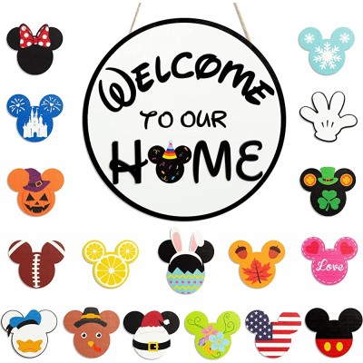 D1resion 19Pcs Mouse Seasonal Interchangeable Welcome Door Sign Welcome to Our Home Hanging Signs Wooden Round Decorative Plaques Set for Autumn Halloween Thanksgiving Christmas Home Porch Decor - BS4949S18