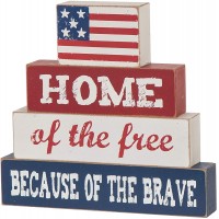 Glitzhome Patriotic American Flag Wooden Block 8”H Distressed Home of The Free Because of The Brave Patriotic Wood Sign Home Decor Farmhouse Wood Block Independence Day Table Decor - BSJIDAAIO