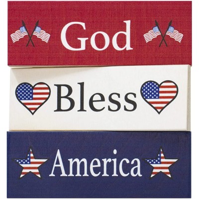 JennyGems God Bless America Wood Blocks Set of 3 5.5" x 2" Shelf Sitters Patriotic American Wood Signs Tiered Tray Decor Mantel Decor Patriotic Home Decor Made in USA - BMFEDS649