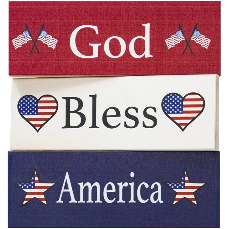 JennyGems God Bless America Wood Blocks Set of 3 5.5 x 2 Shelf Sitters Patriotic American Wood Signs Tiered Tray Decor Mantel Decor Patriotic Home Decor Made in USA - BMFEDS649