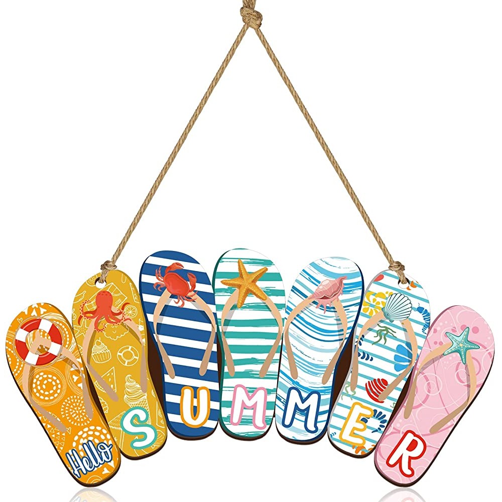 Summer Slippers Ice Cream Hanging Sign Wooden Summer Home Decoration Hello Summer Rustic Beach Plaque Welcome Beach Theme Decor for Door Wall Porch Indoor Outdoor 12 x 6 x 0.2 Inch Slippers Style - B8T6NJRMS