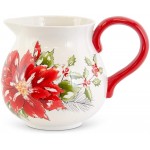 K&K Interiors 54388I Set of 2 Ceramic Cardinal Poinsettia Pitchers w Handle Red and White - BGR5D54C8