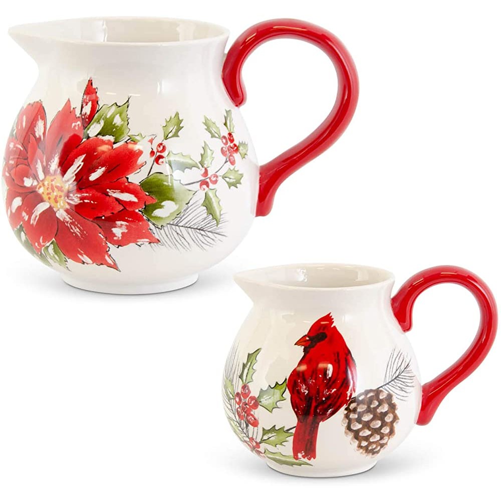 K&K Interiors 54388I Set of 2 Ceramic Cardinal Poinsettia Pitchers w Handle Red and White - BGR5D54C8