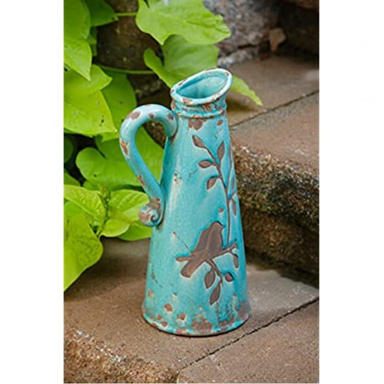 MIABE French Country Chic Rustic Blue Bird Pottery Jug Crock Vase Pitcher 13 for Holiday Home Decor. - BC0ARX8ZT