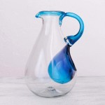 NOVICA Hand Blown Clear Glass Pitcher With Aquamarine Rim And Ice Chamber 60 Oz 'Fresh Caribbean' - BZ0A0JLAW