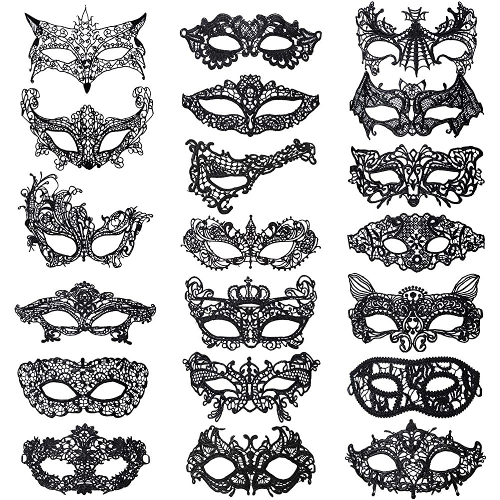 20 Pieces Lace Mask Masquerade Venetian Eyemask Halloween Sexy Woman Lace Mask for Halloween Masquerade Carnival Party Costume Ball Black - BWHN3PHG4