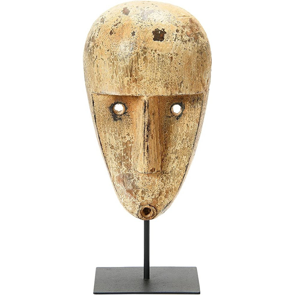 Bloomingville Hand-Carved Decorative Wood Mask on Metal Stand Décor Cream - BDX23W3ZS